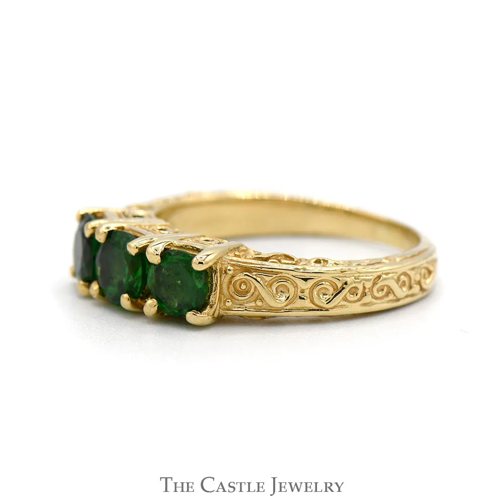 Three Stone Round Emerald Ring with Scroll Designed Sides in 14k Yellow Gold