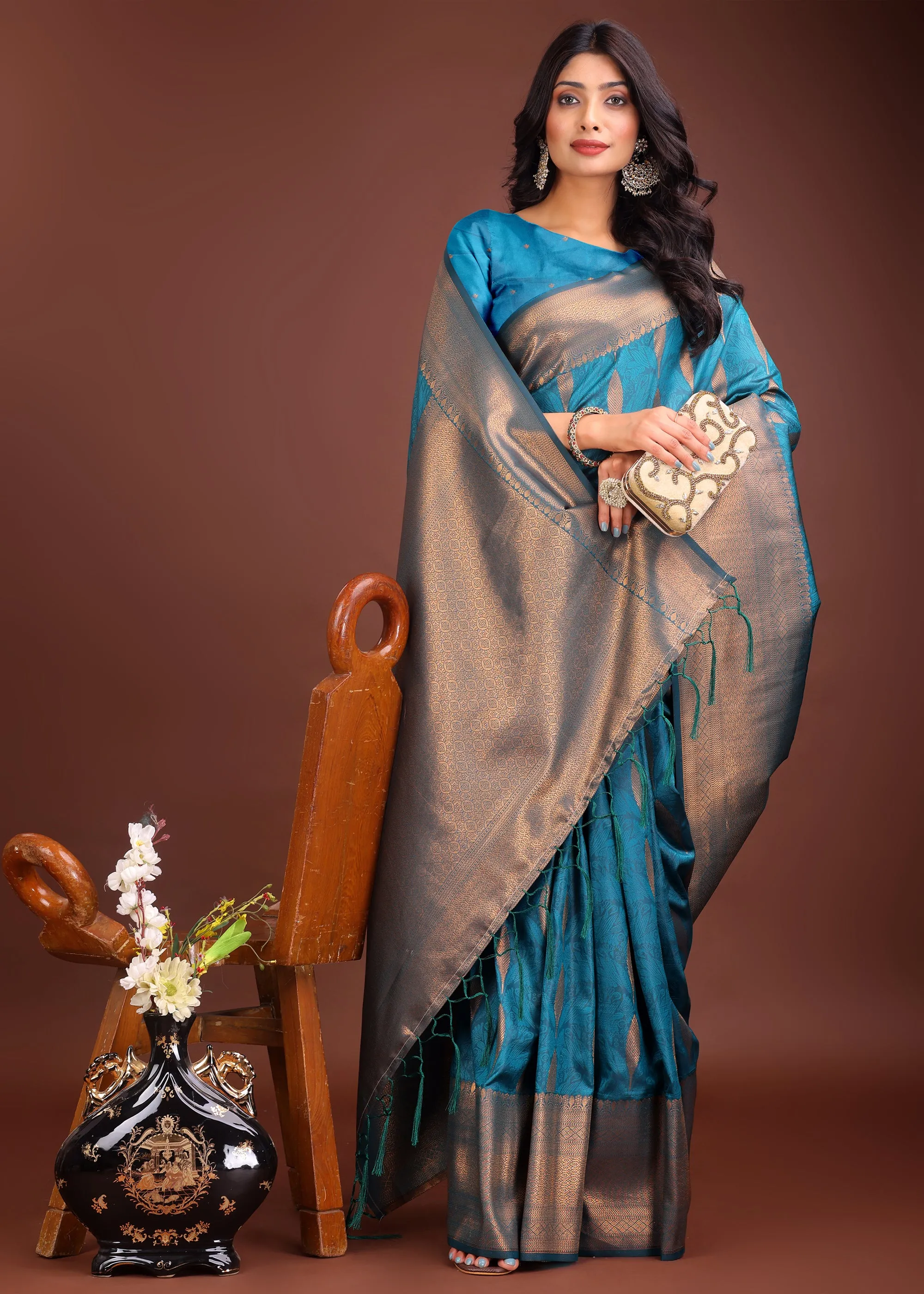 Turkish Blue Woven Banarasi Silk Saree