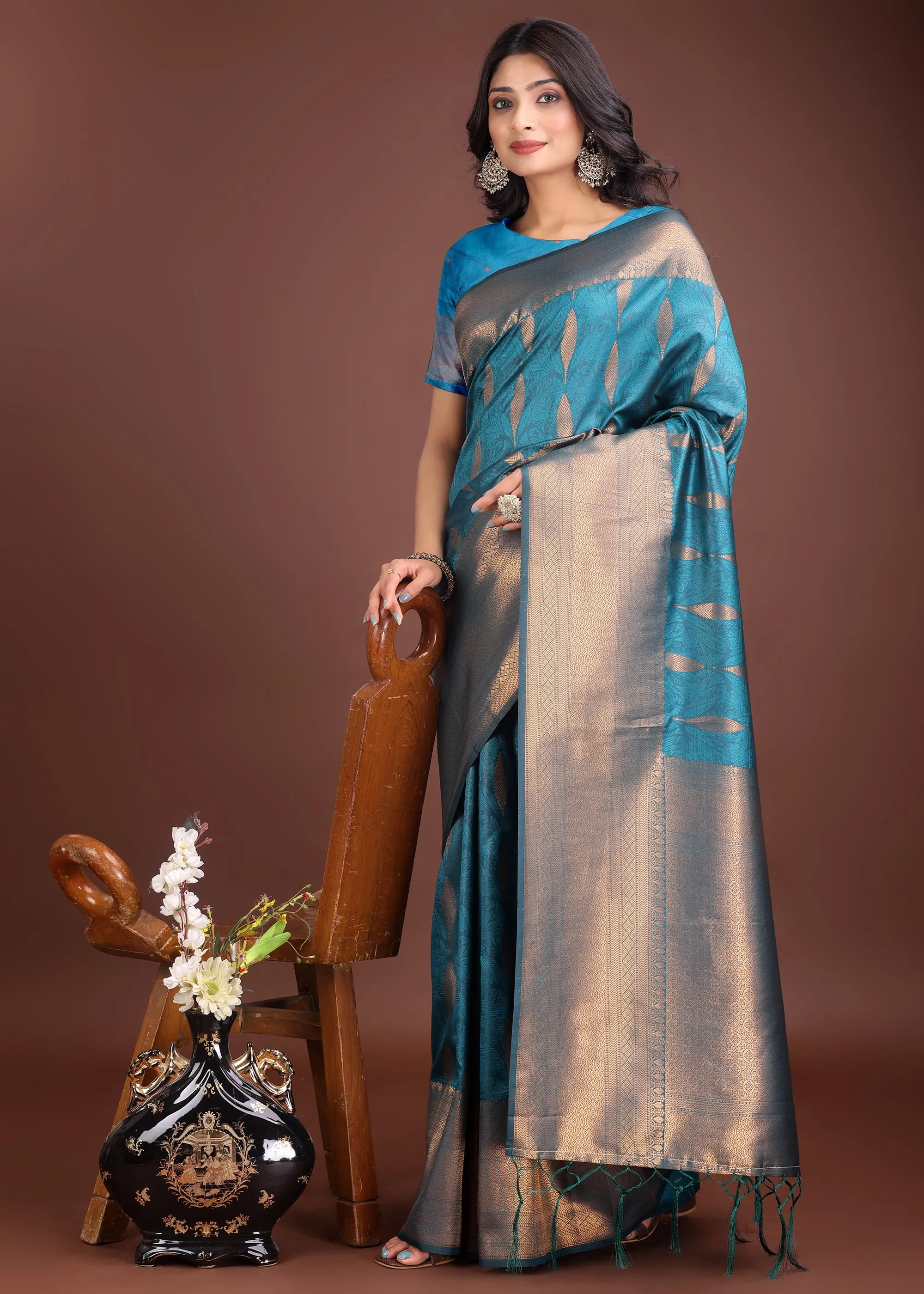 Turkish Blue Woven Banarasi Silk Saree
