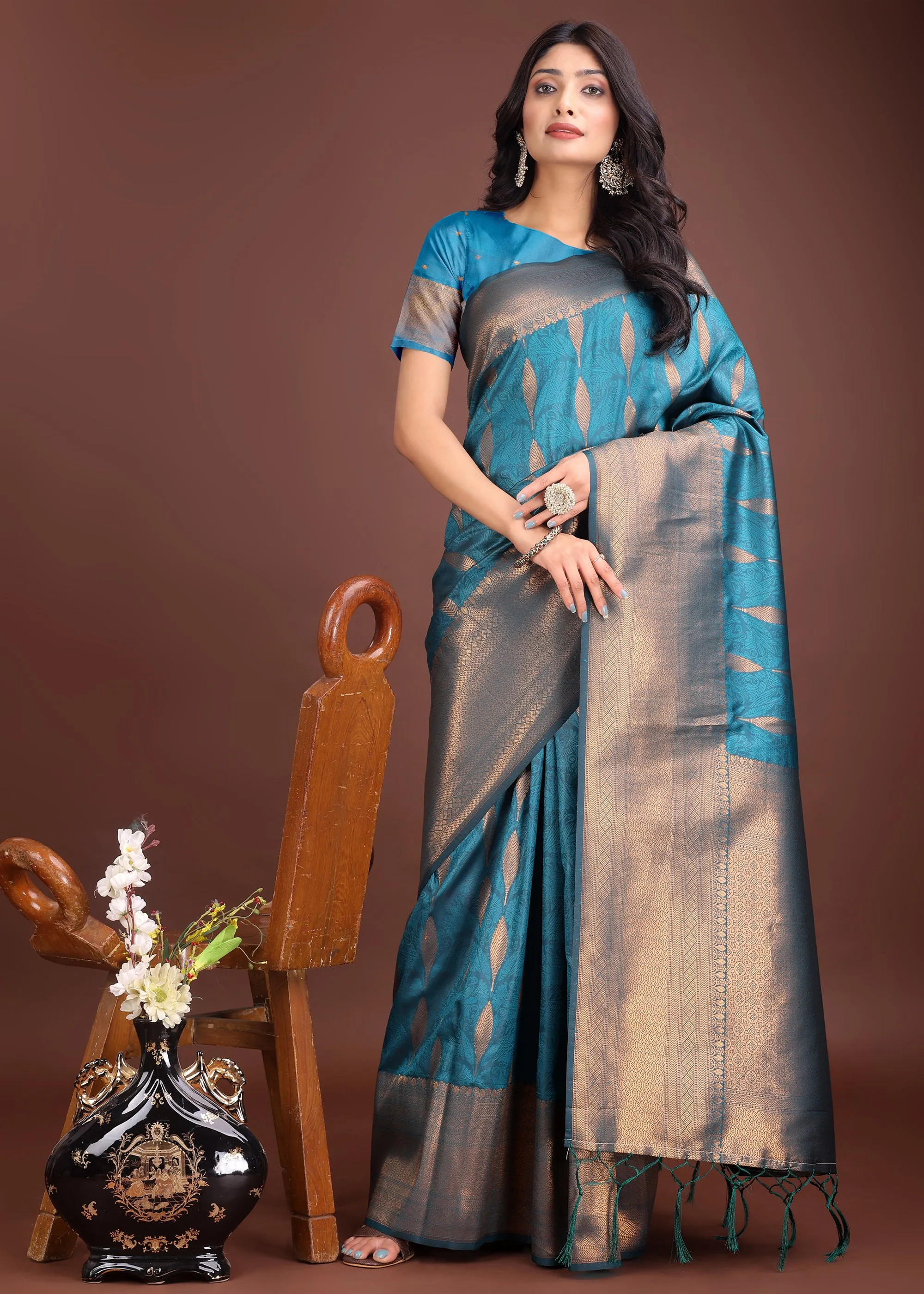 Turkish Blue Woven Banarasi Silk Saree