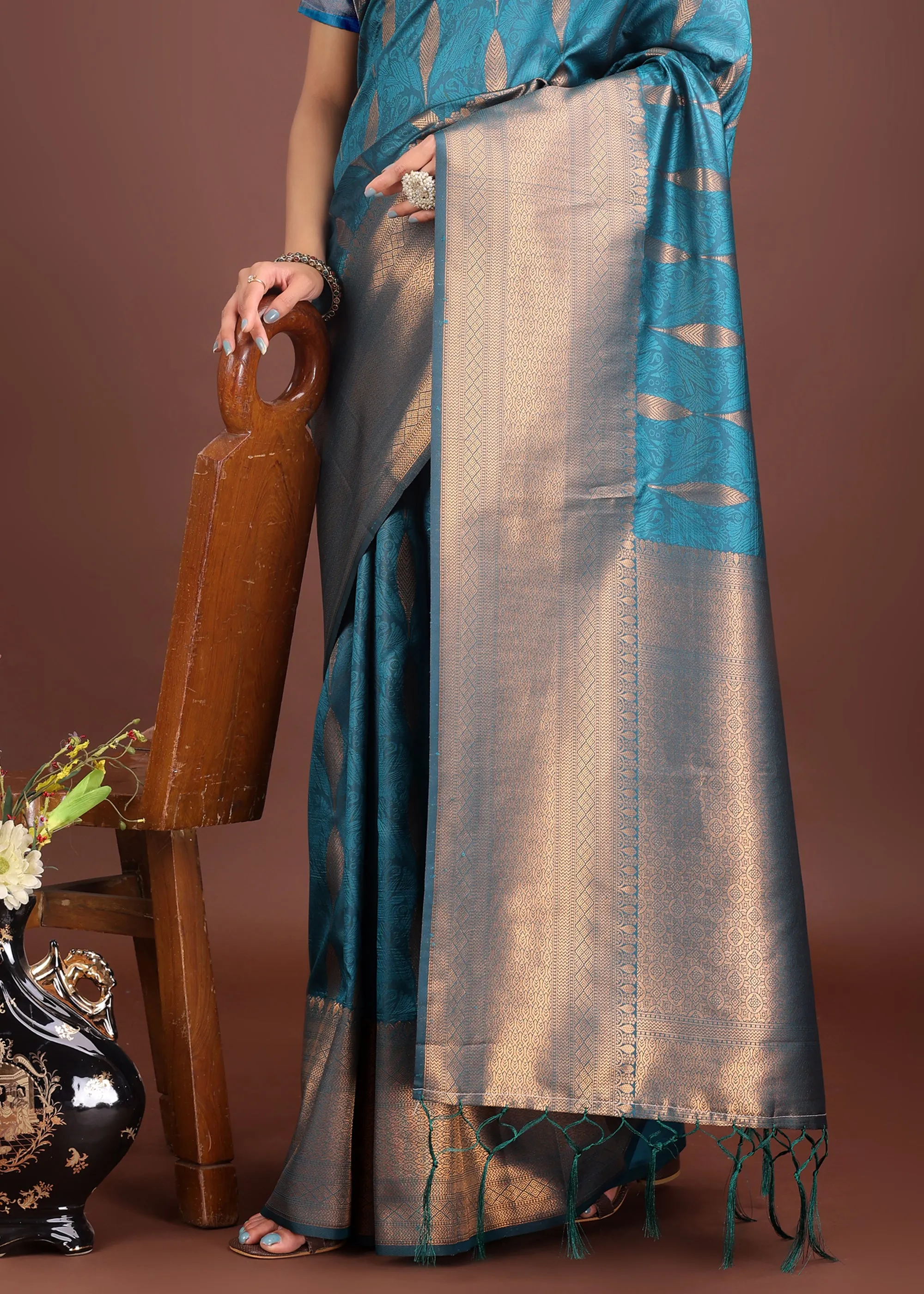 Turkish Blue Woven Banarasi Silk Saree