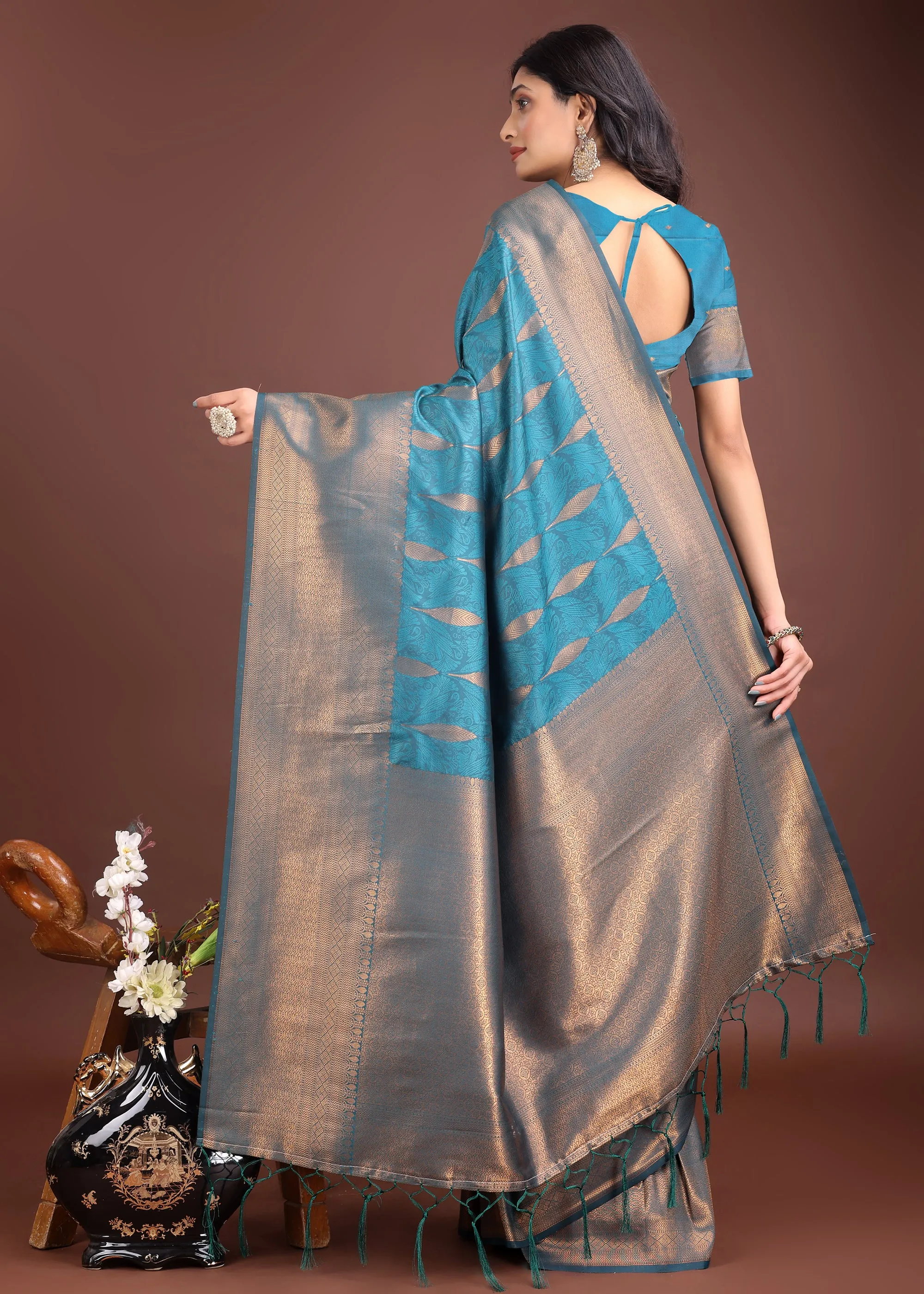 Turkish Blue Woven Banarasi Silk Saree