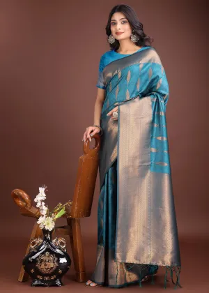 Turkish Blue Woven Banarasi Silk Saree