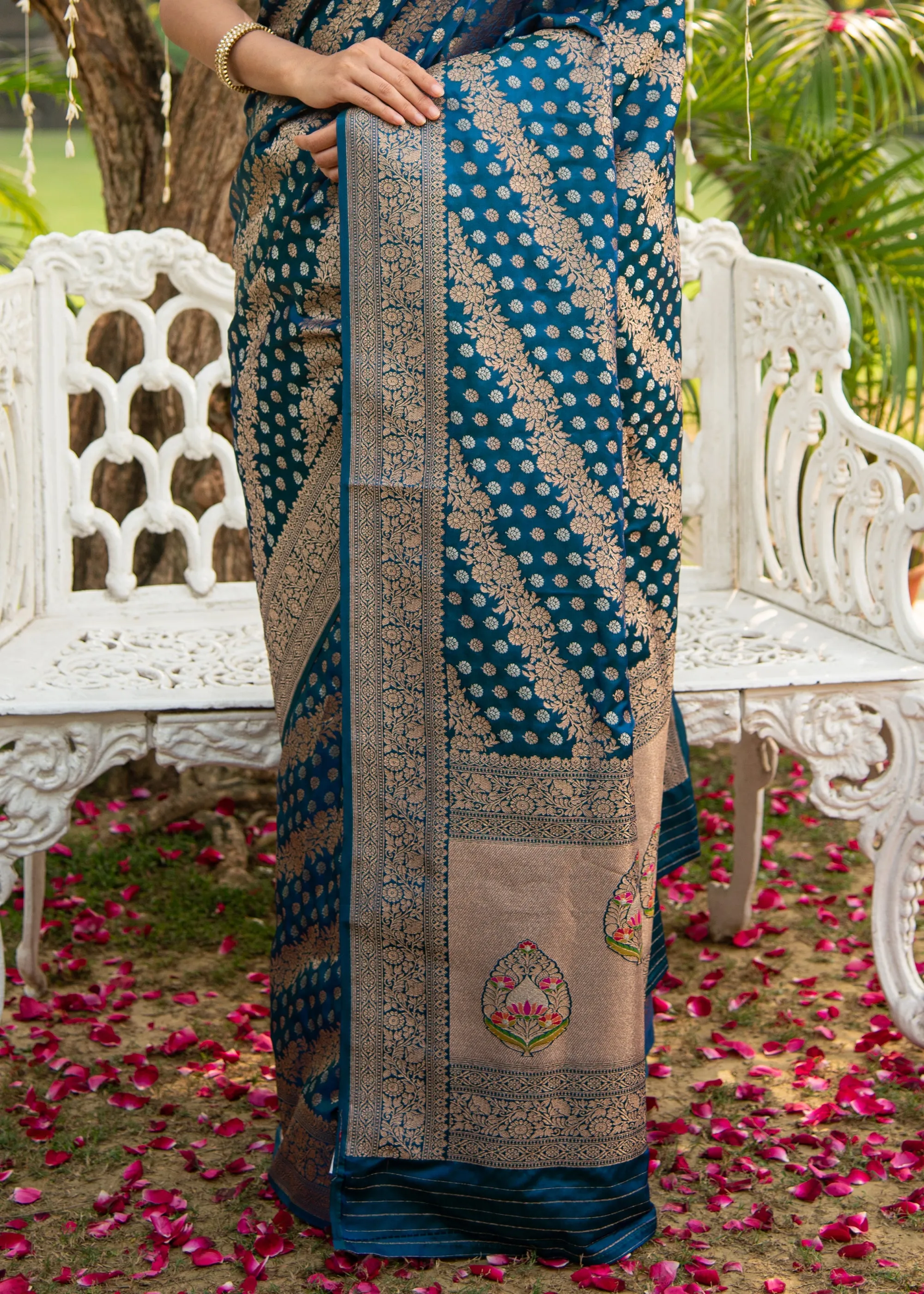 Varuna: Banaras Satin Silk Saree with Leheriya Pattern in the Shades of Blue