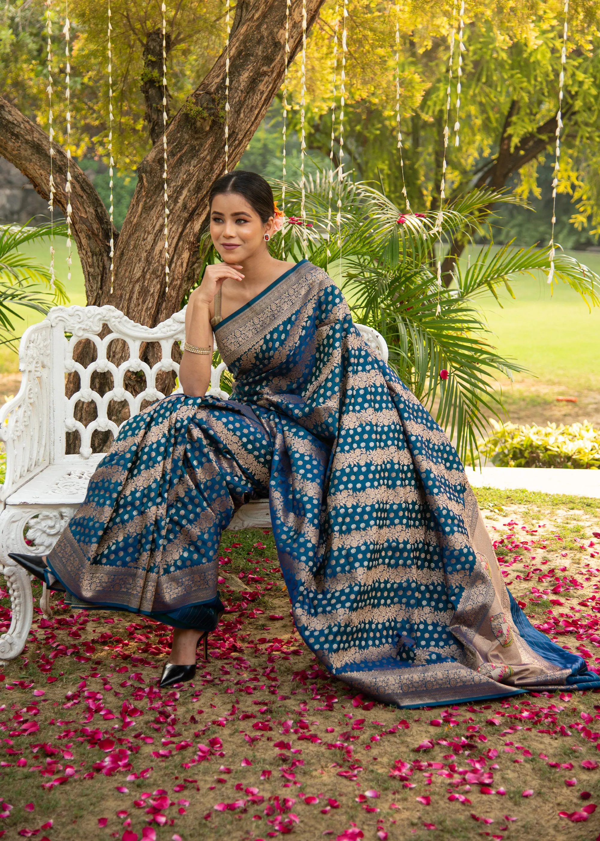 Varuna: Banaras Satin Silk Saree with Leheriya Pattern in the Shades of Blue