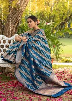 Varuna: Banaras Satin Silk Saree with Leheriya Pattern in the Shades of Blue