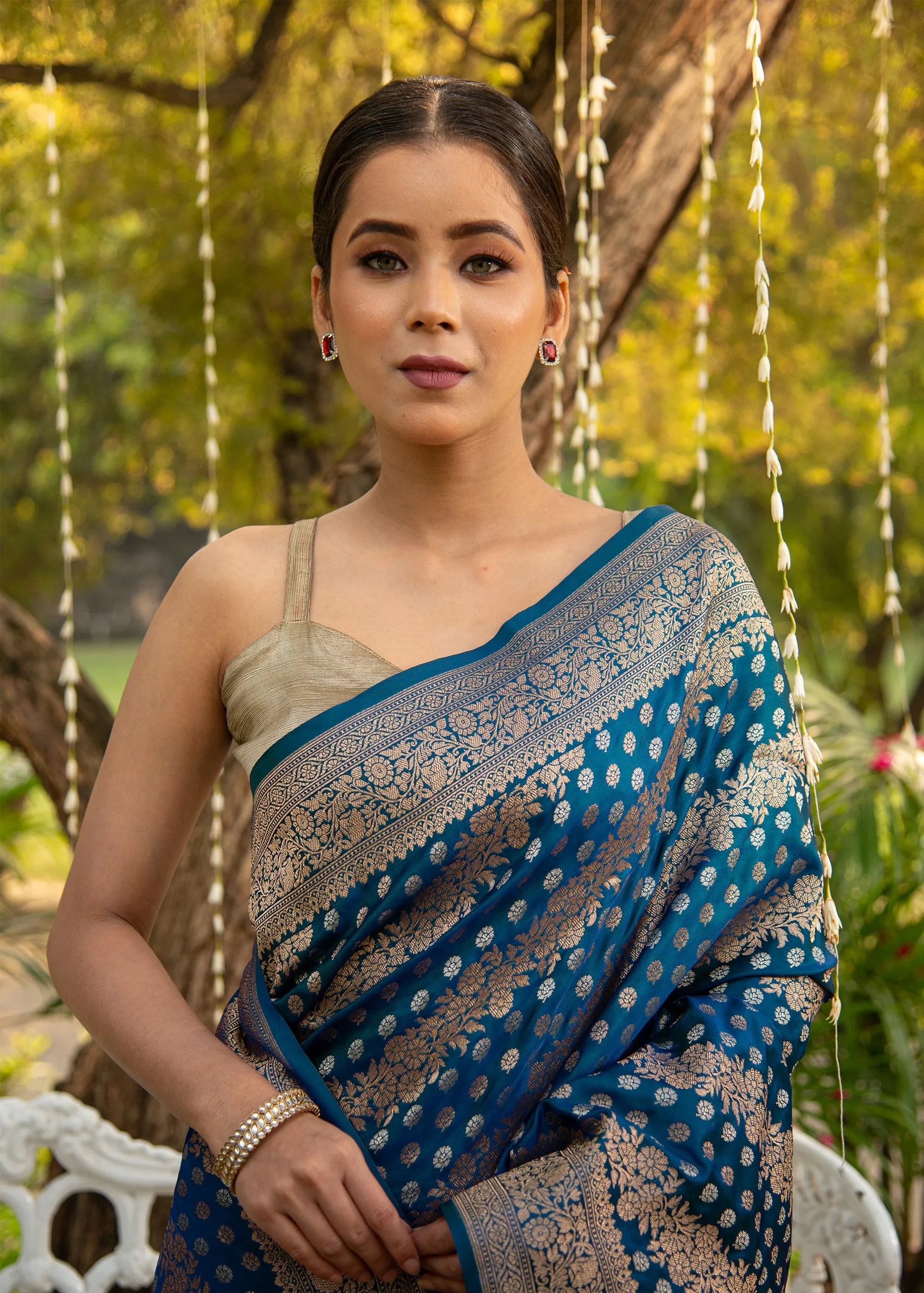 Varuna: Banaras Satin Silk Saree with Leheriya Pattern in the Shades of Blue