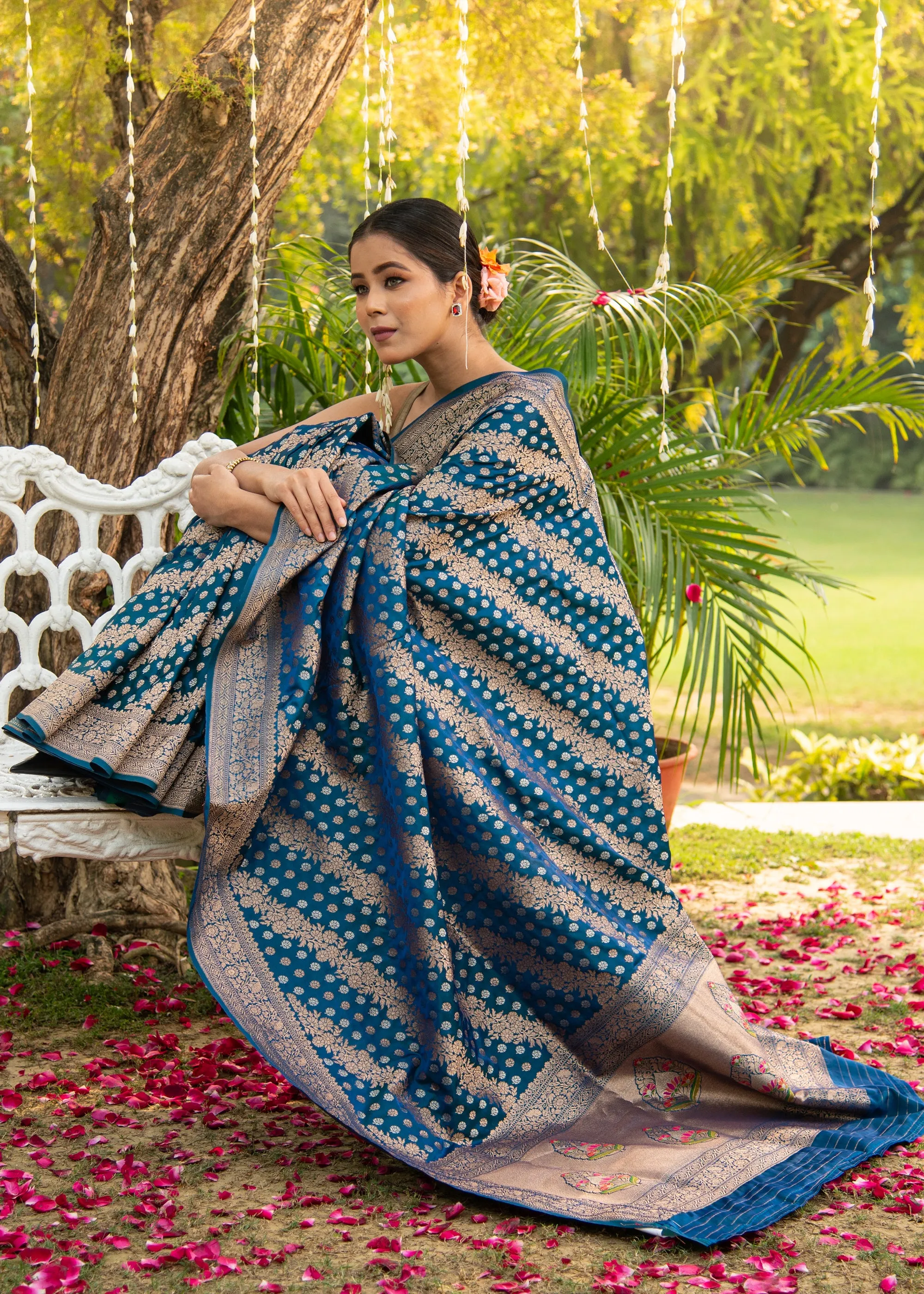 Varuna: Banaras Satin Silk Saree with Leheriya Pattern in the Shades of Blue