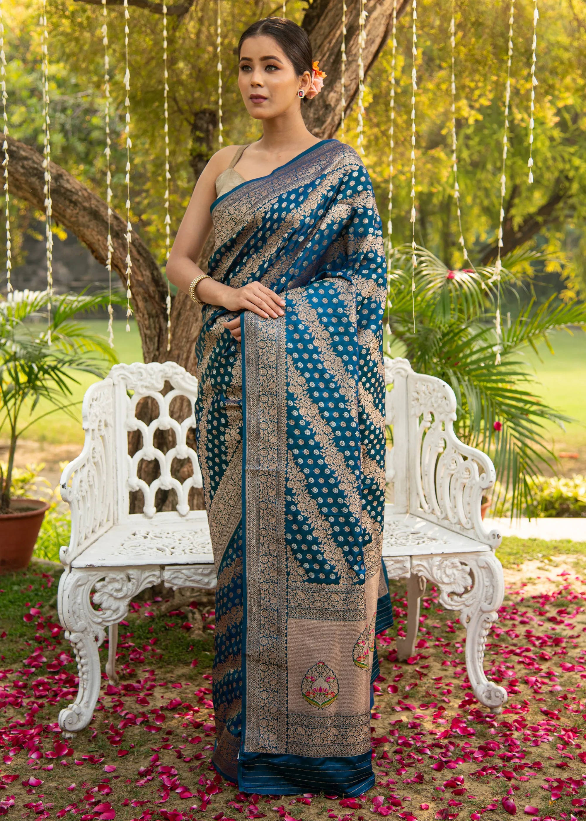 Varuna: Banaras Satin Silk Saree with Leheriya Pattern in the Shades of Blue