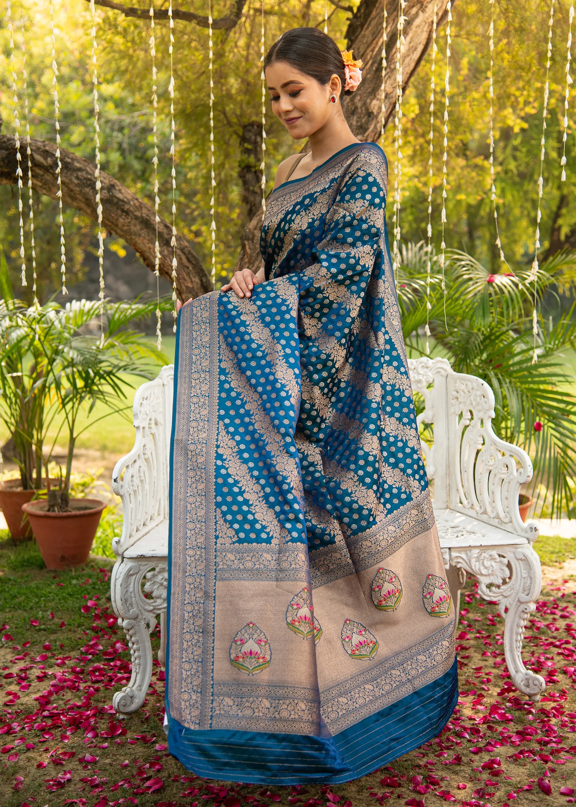 Varuna: Banaras Satin Silk Saree with Leheriya Pattern in the Shades of Blue