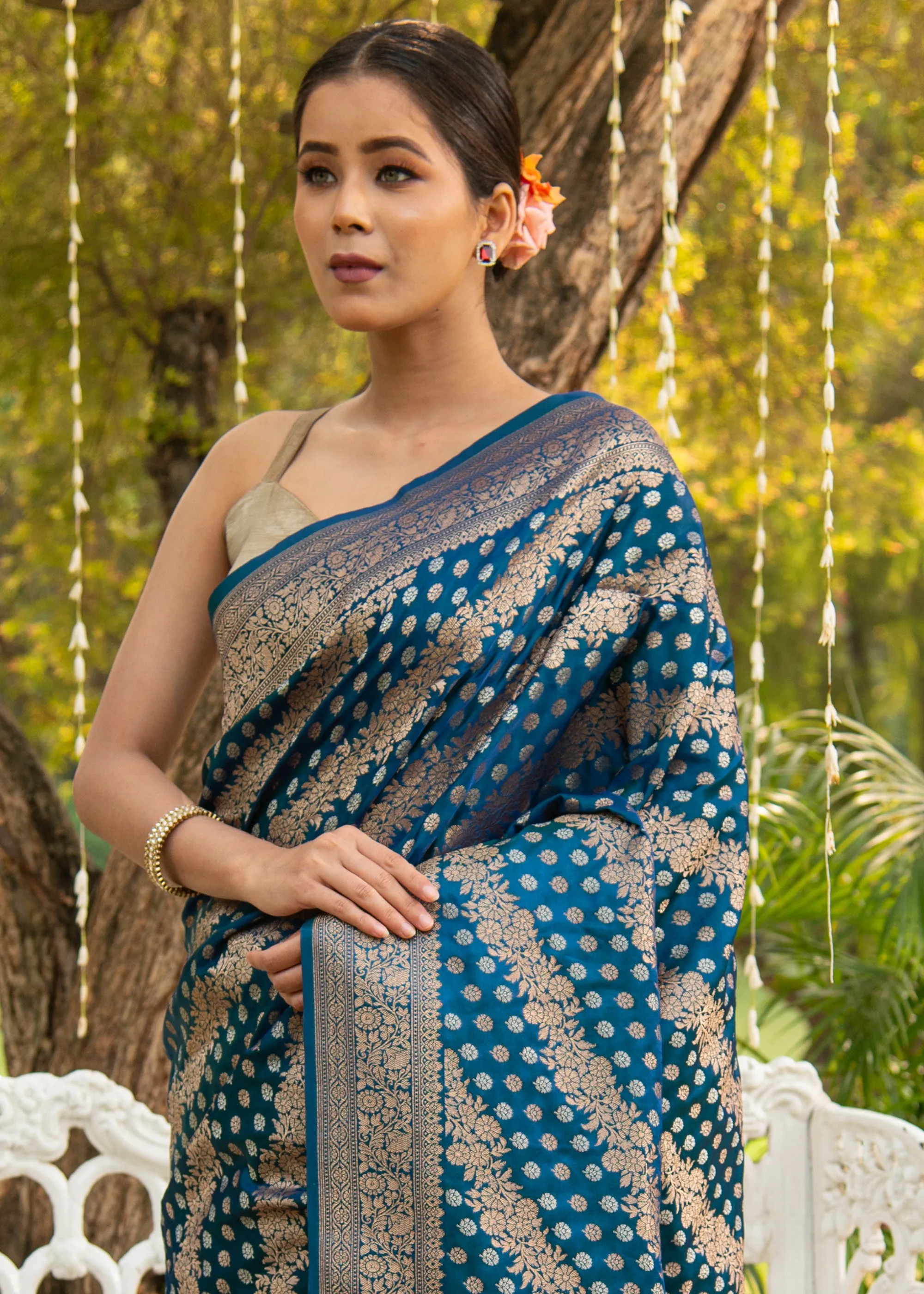 Varuna: Banaras Satin Silk Saree with Leheriya Pattern in the Shades of Blue