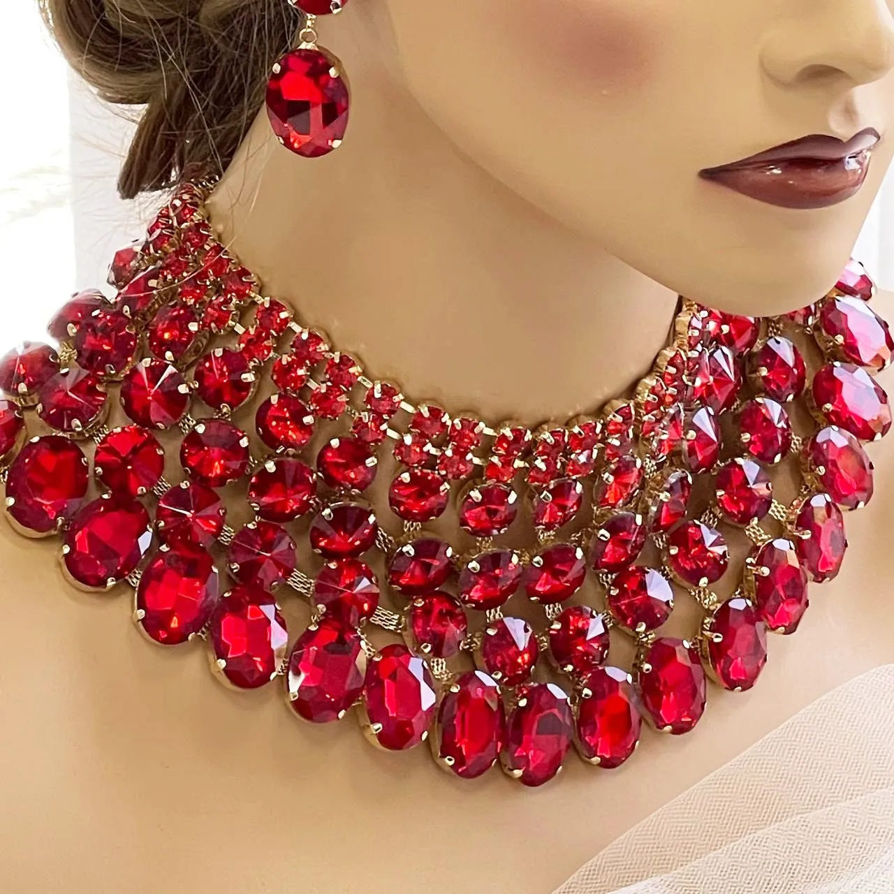 Wedding Chunky Crystal Bib Necklace Earrings Jewelry Set