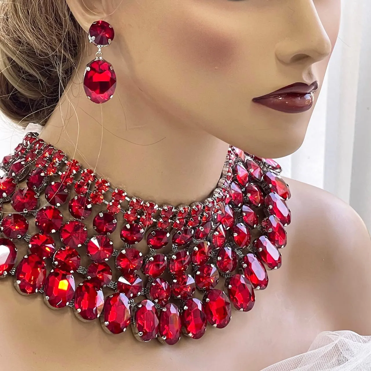 Wedding Chunky Crystal Bib Necklace Earrings Jewelry Set