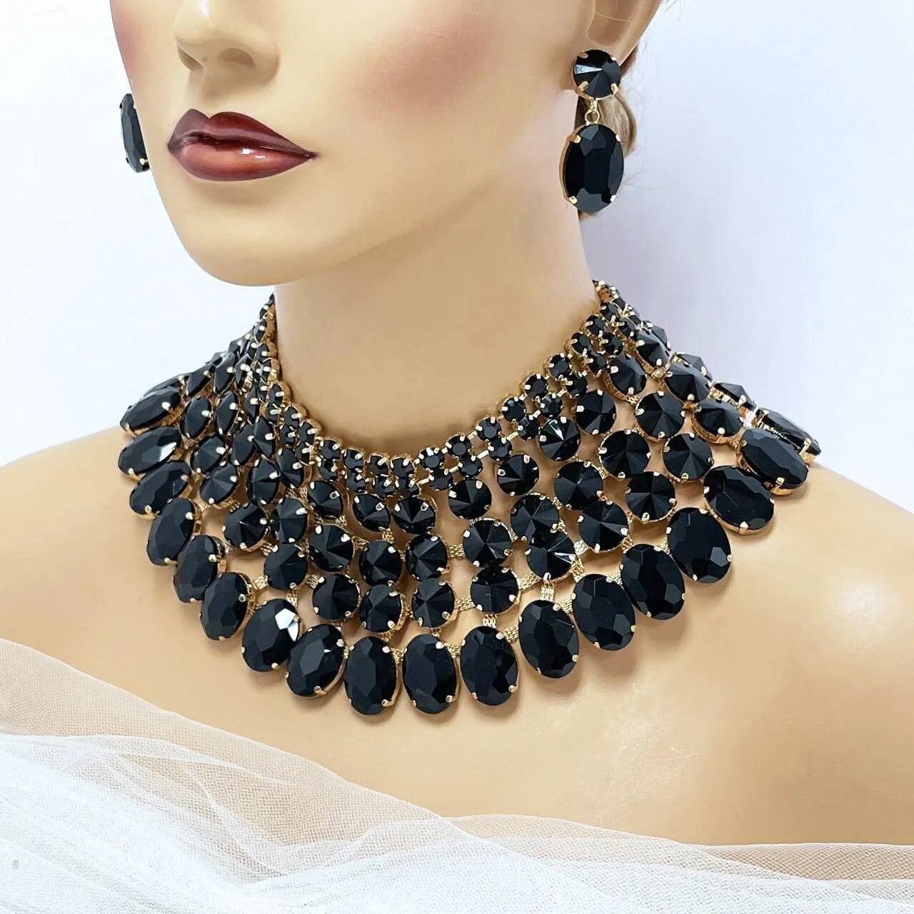 Wedding Chunky Crystal Bib Necklace Earrings Jewelry Set