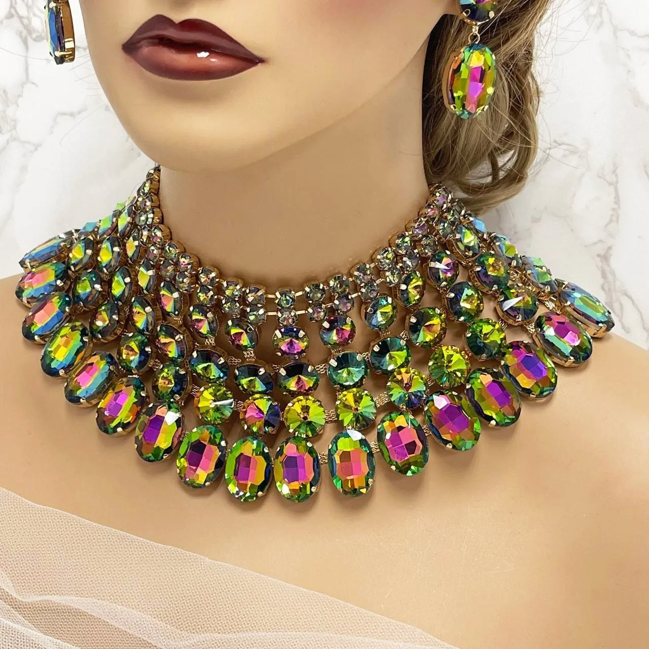 Wedding Chunky Crystal Bib Necklace Earrings Jewelry Set