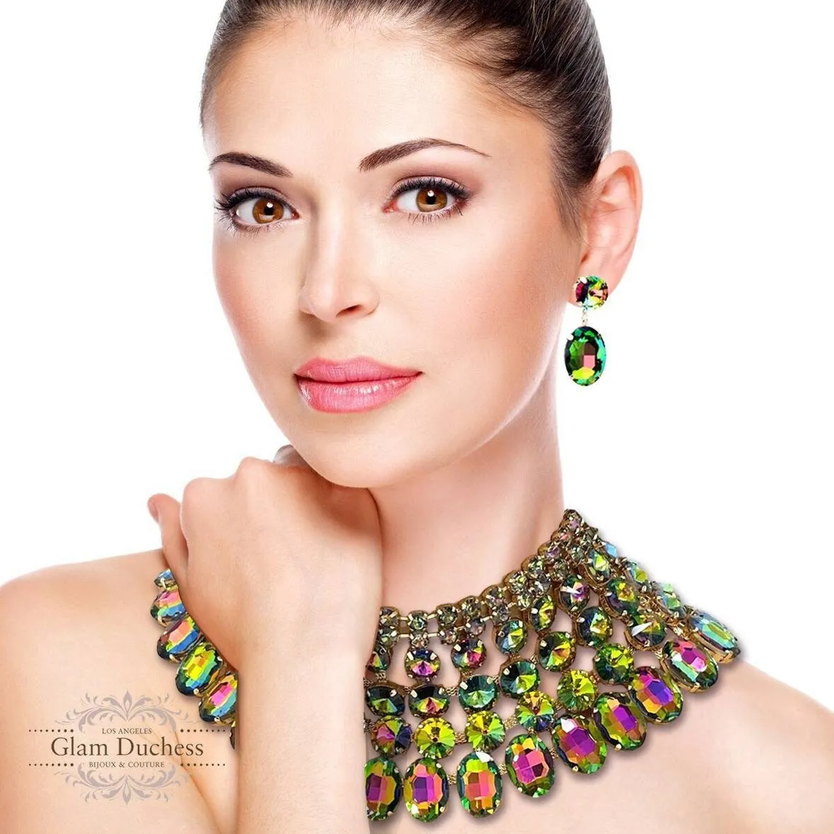 Wedding Chunky Crystal Bib Necklace Earrings Jewelry Set