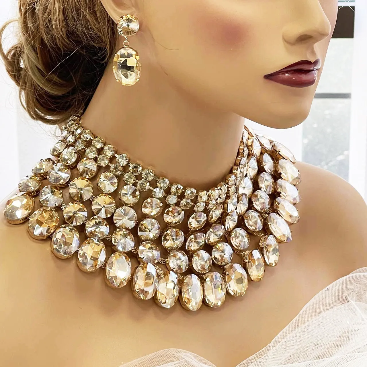 Wedding Chunky Crystal Bib Necklace Earrings Jewelry Set