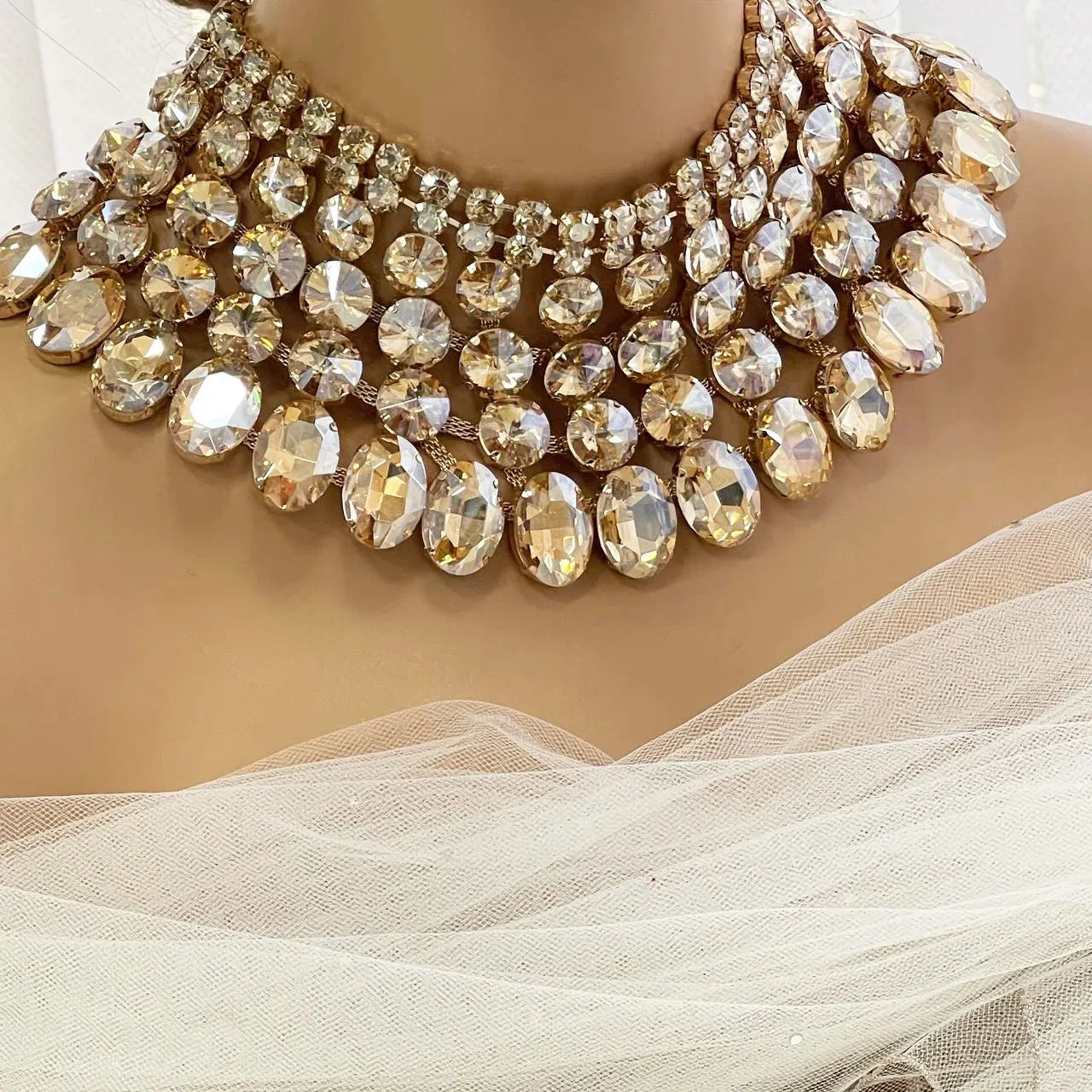 Wedding Chunky Crystal Bib Necklace Earrings Jewelry Set