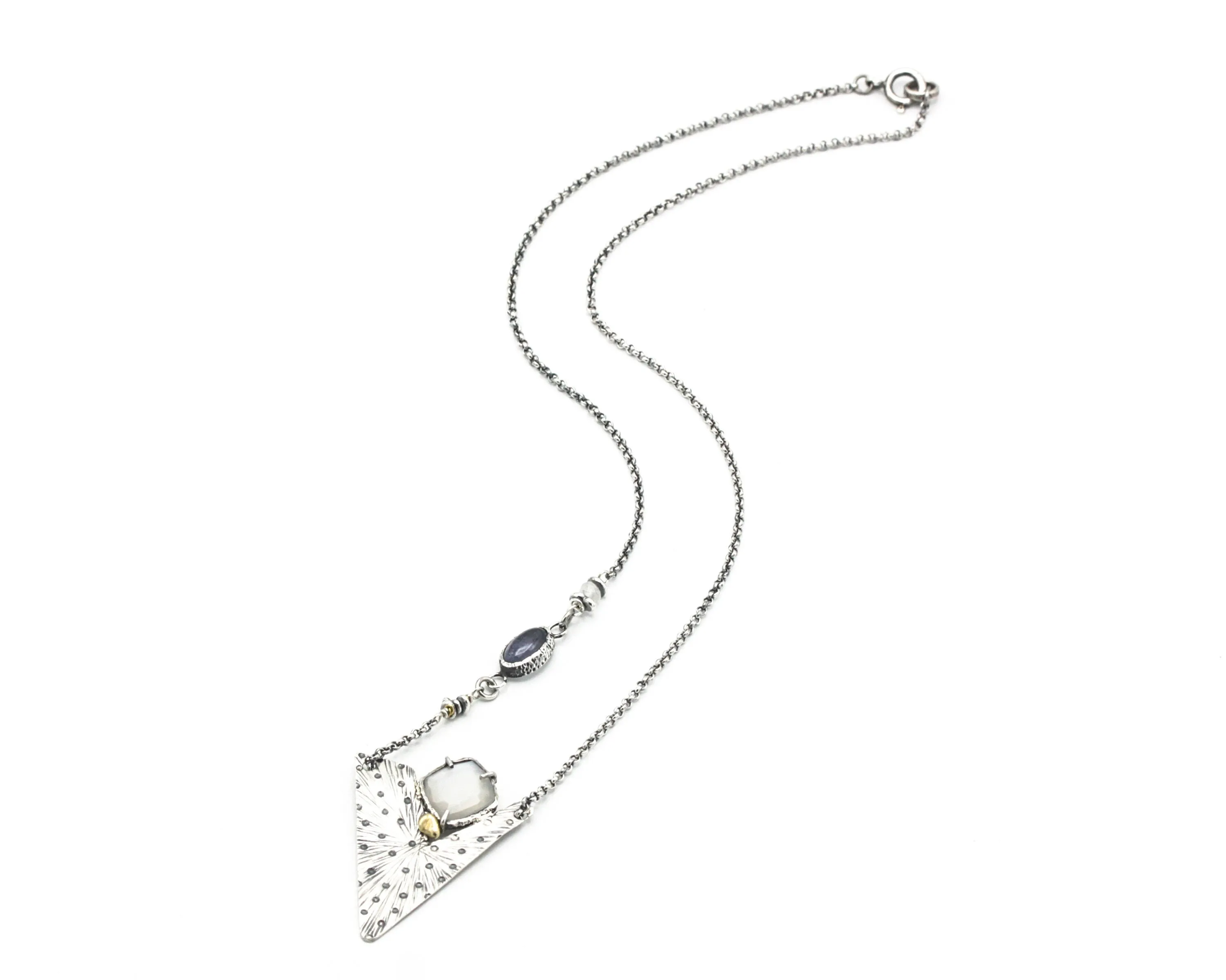 White Moonstone pendant necklace with engraving technique in silver triangle shape on sterling silver chain