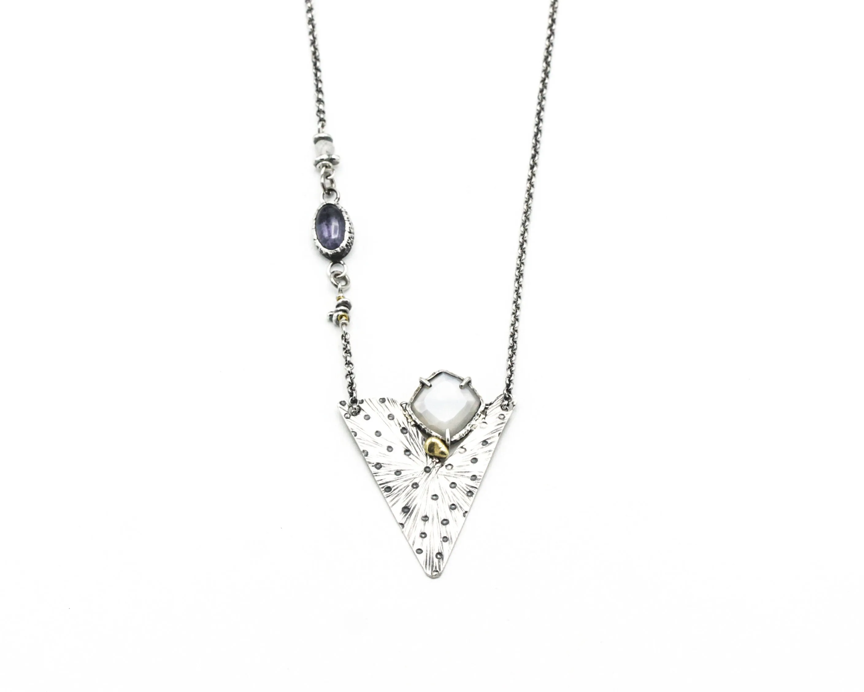 White Moonstone pendant necklace with engraving technique in silver triangle shape on sterling silver chain