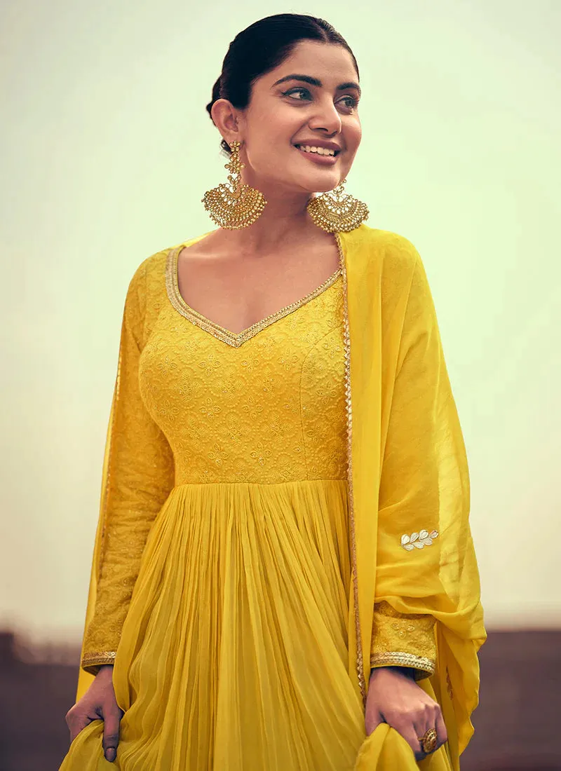 Yellow Embroidered Haldi Wear Kalidar Anarkali Suit